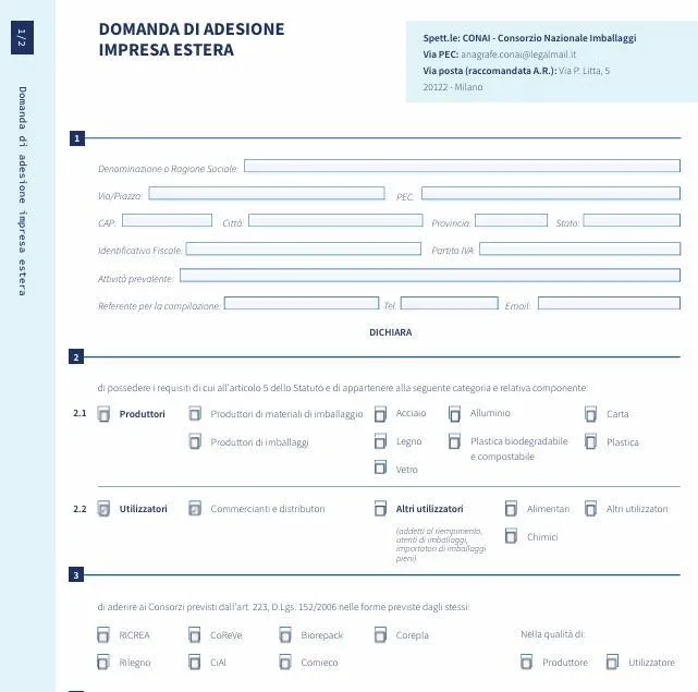 La prima pagina della Domanda di Adesione Impresa Estera del CONAI, il modulo di adesione per le società estere
