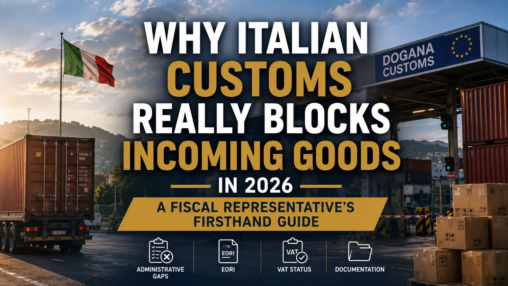 Illustration titled "Why Italian Customs Really Blocks Incoming Goods in 2026" over an Italian customs checkpoint with a lorry, containers and icons for administrative gaps, EORI, VAT status and documentation