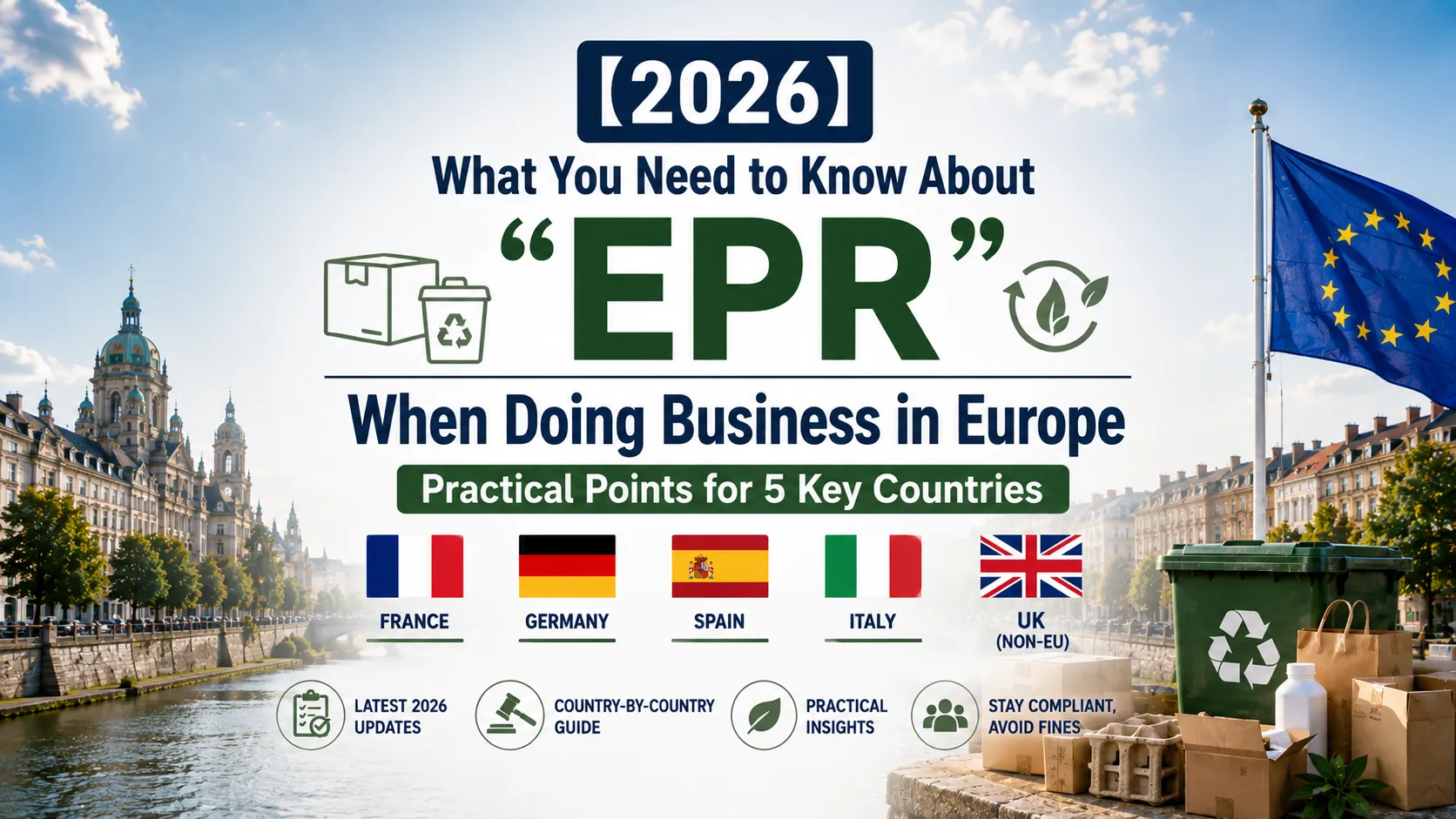 Illustration titled "What You Need to Know About EPR When Doing Business in Europe" with the flags of France, Germany, Spain, Italy and the UK, an EU flag, recycling bins and packaging