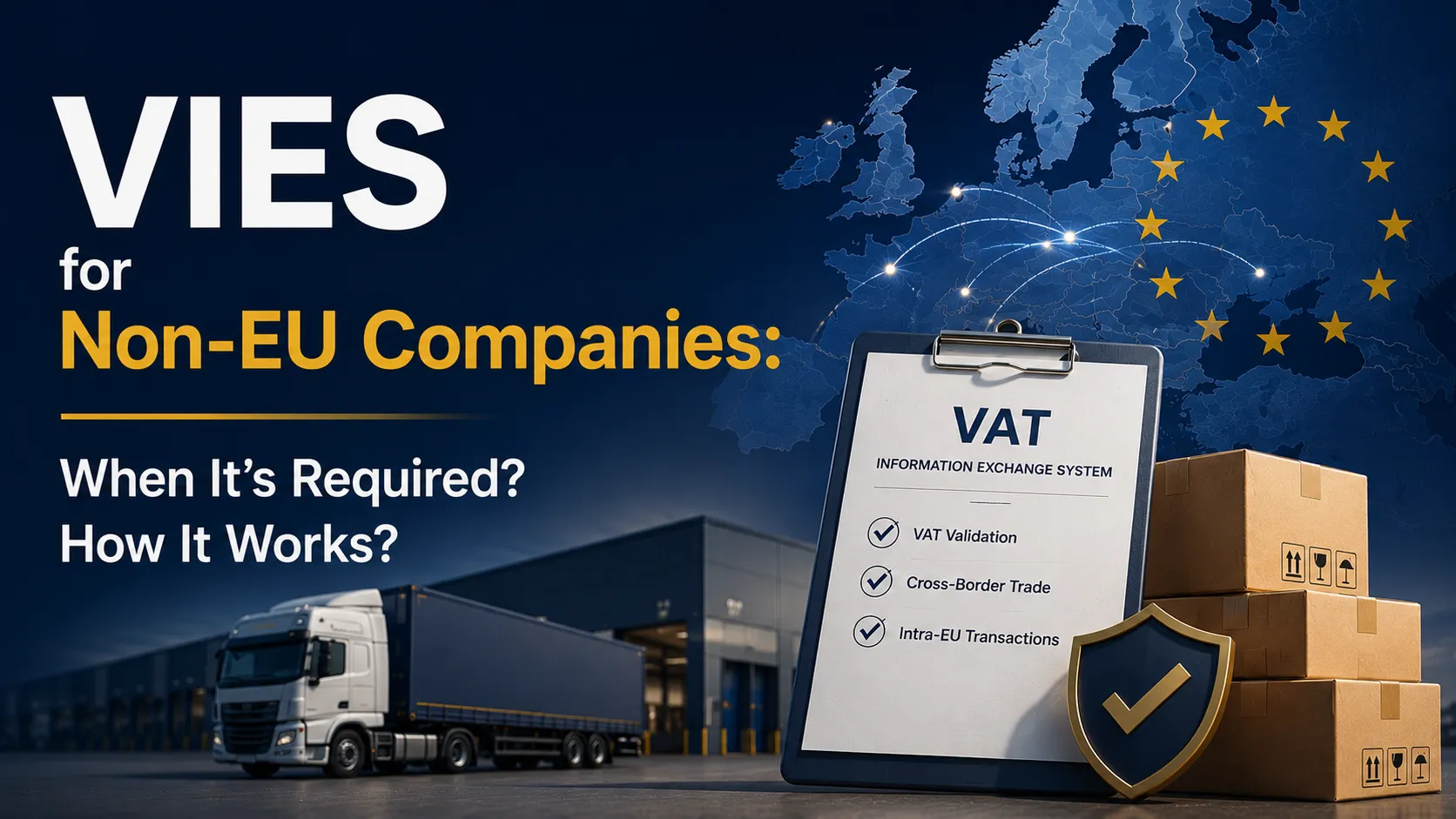 Illustration titled "VIES for Non-EU Companies" over a map of Europe, a freight lorry at a warehouse and a VAT Information Exchange System checklist